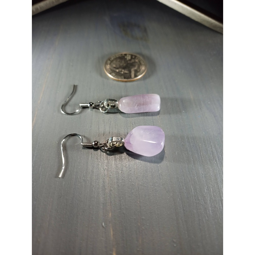 Purple Fluorite Crystal Drop Earrings Nickel Free Silver Tone Tumbled Stone Boho - Picture 4 of 5